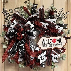 Welcome Hope You Like Dogs Door Wreath LARGE 24” Inch Red Black Paw Print Lover